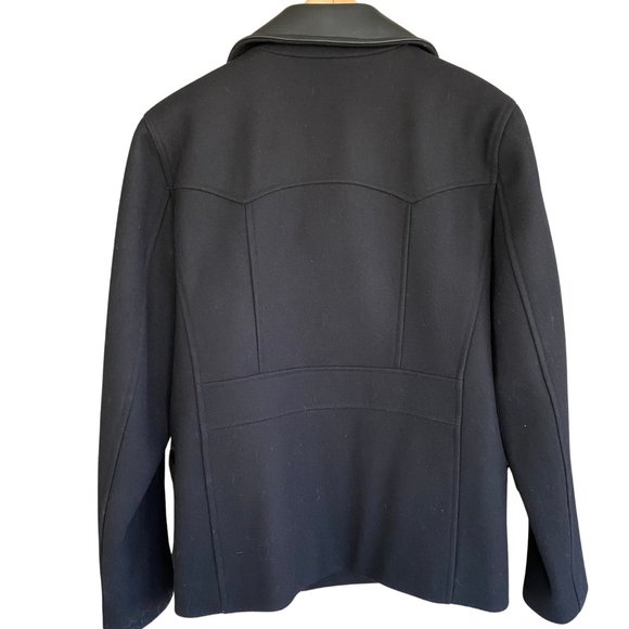 SANDRO Paris Black Leather Trim 100% Wool Pea Coat - Picture 2 of 14